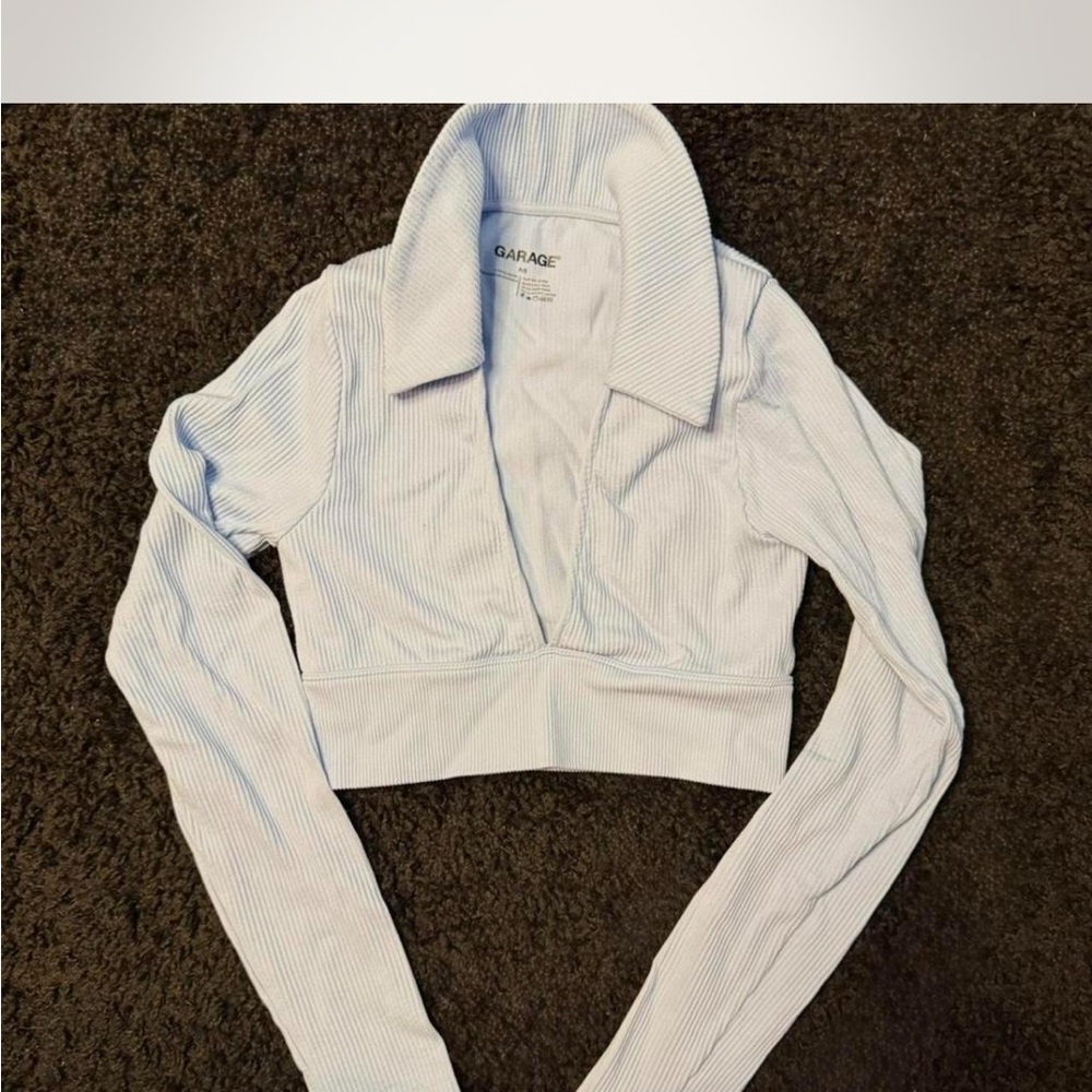 008 Garage Light Blue Ribbed Long Sleeve Crop Top